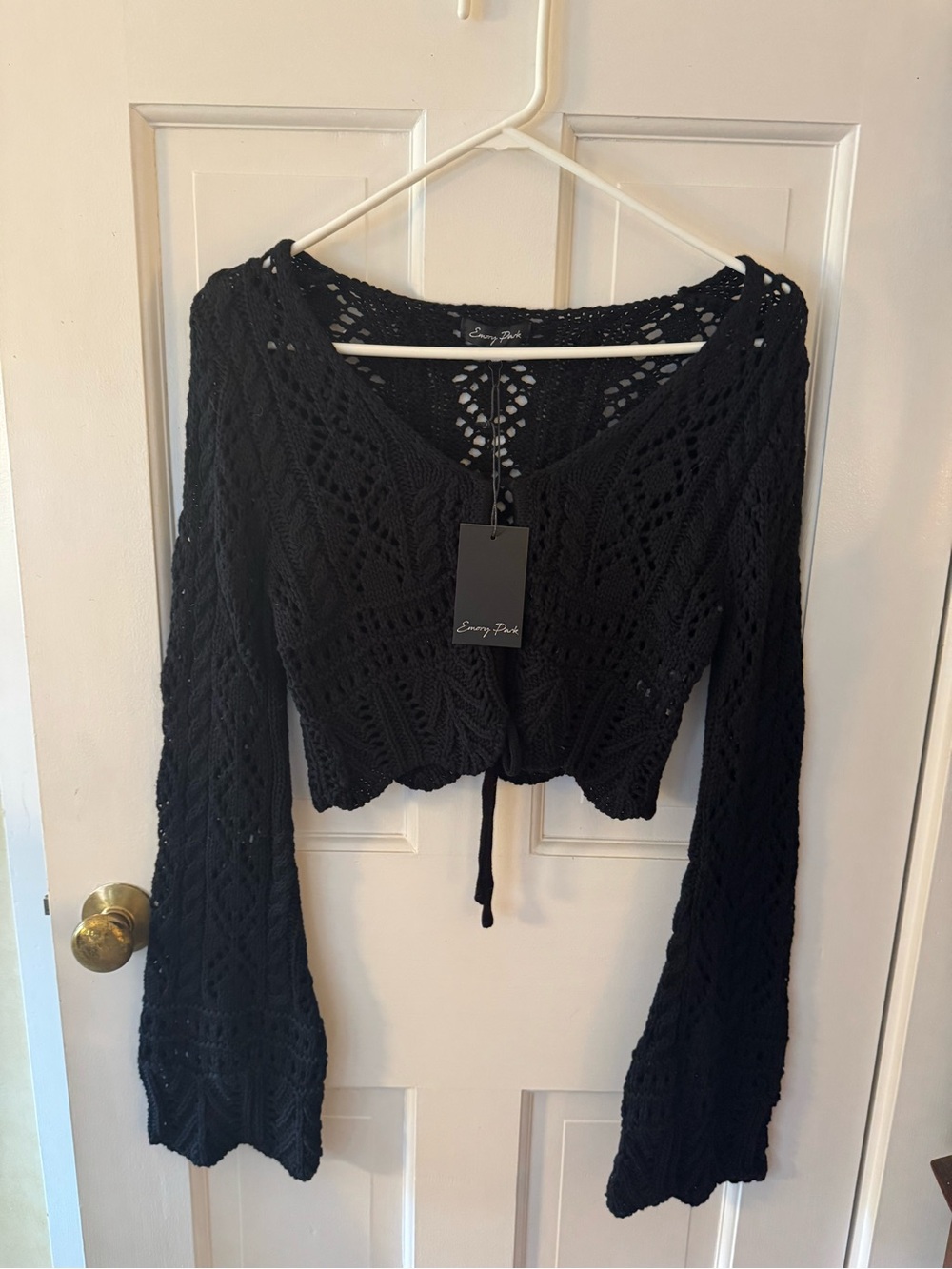 emory park Black Crochet Tie-Front Cropped Top